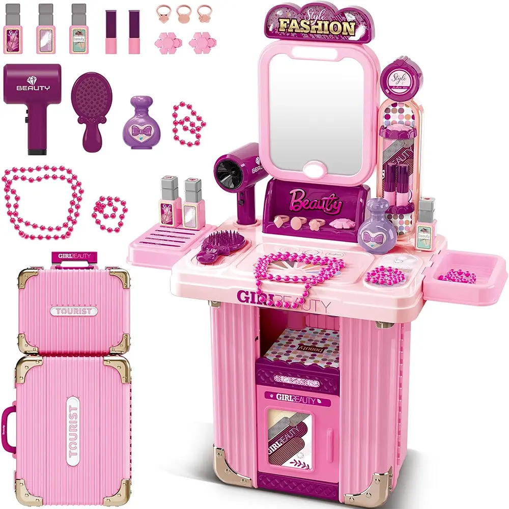 Xiong Cheng Kids 3 in 1 Beauty Vanity Play Set Pink with Mirror & Accessories Model 008