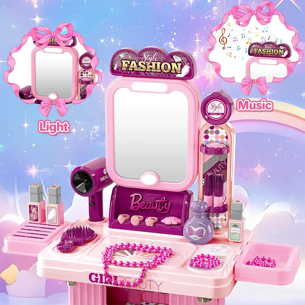Xiong Cheng Kids 3 in 1 Beauty Vanity Play Set Pink with Mirror & Accessories Model 008