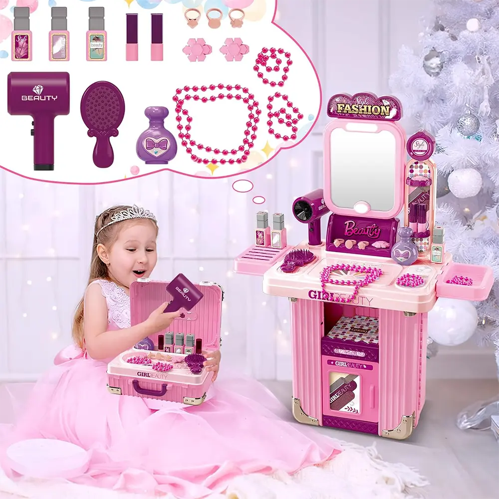 Xiong Cheng Kids 3 in 1 Beauty Vanity Play Set Pink with Mirror & Accessories Model 008
