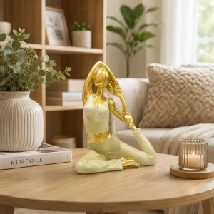 Yoga Lady Resin Sculpture Elegant Side Stretch Home Decor Gold & White1