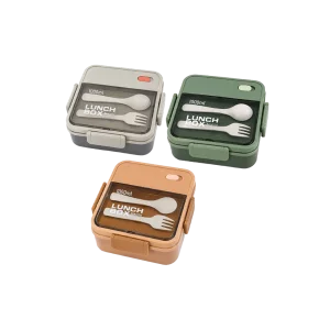 1000ml Lunch Box with Built In Spoon & Fork Storage Secure Locking Design Gray, Brown & Green
