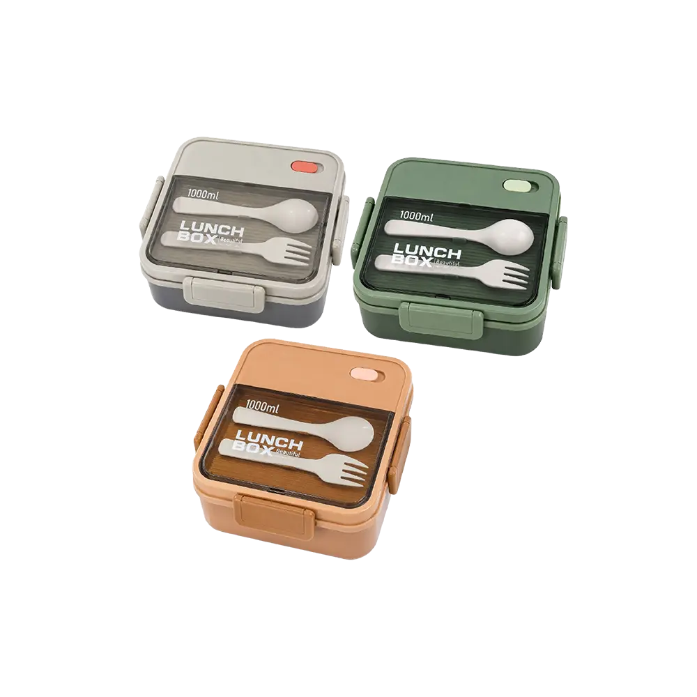 1000ml Lunch Box with Built In Spoon & Fork Storage Secure Locking Design Gray, Brown & Green