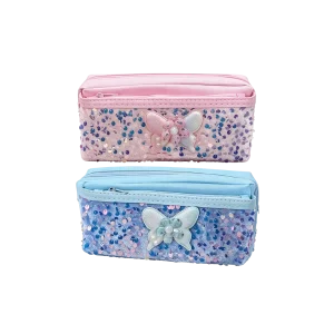 Double Zipper Sequin Pencil Case with Butterfly Detail