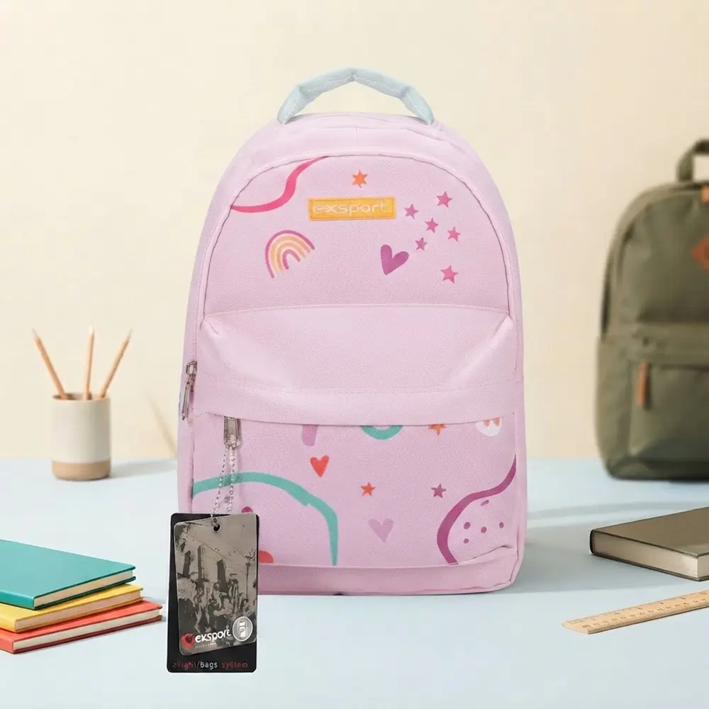 Exsport Kids Backpack with Rainbow & Heart Print WIth Multiple Zippered Compartments Large SBEXBP2627566 Light Pink2