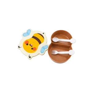 Kids Bee Shaped Lunch Box with 2 Compartments & Spoon and Fork Cute Cartoon Design Offwhite, Beige & Brown1