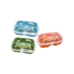Kids Compartment Lunch Box with Transparent Lid & Built In Fork Animal Cartoon Bus Design Blue, Green, Orange