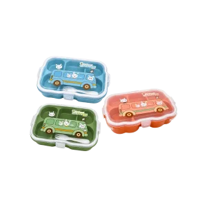 Kids Compartment Lunch Box with Transparent Lid & Built In Fork Animal Cartoon Bus Design Blue, Green, Orange
