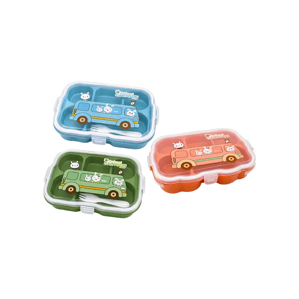 Kids Compartment Lunch Box with Transparent Lid & Built In Fork Animal Cartoon Bus Design Blue, Green, Orange