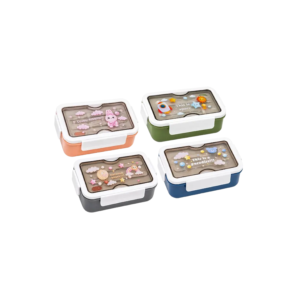 Kids-Lunch-Box-with-Built-In-Cutlery-Storage---Transparent-Printed-Lid---Orange,-Green,-Gray-&-Blue Kids Lunch Box with Built In Cutlery Storage Transparent Printed Lid Orange, Green, Gray & Blue