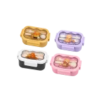 Kids Lunch Box with Built In Spoon & Fork Storage Cute Bear Design Purple, Yellow, Black & Pink