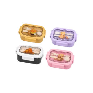 Kids Lunch Box with Built In Spoon & Fork Storage Cute Bear Design Purple, Yellow, Black & Pink