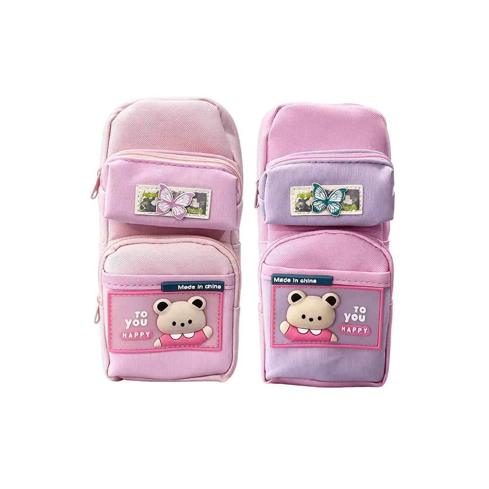 Multi Compartment Pencil Case with Cute Bear & Butterfly Design