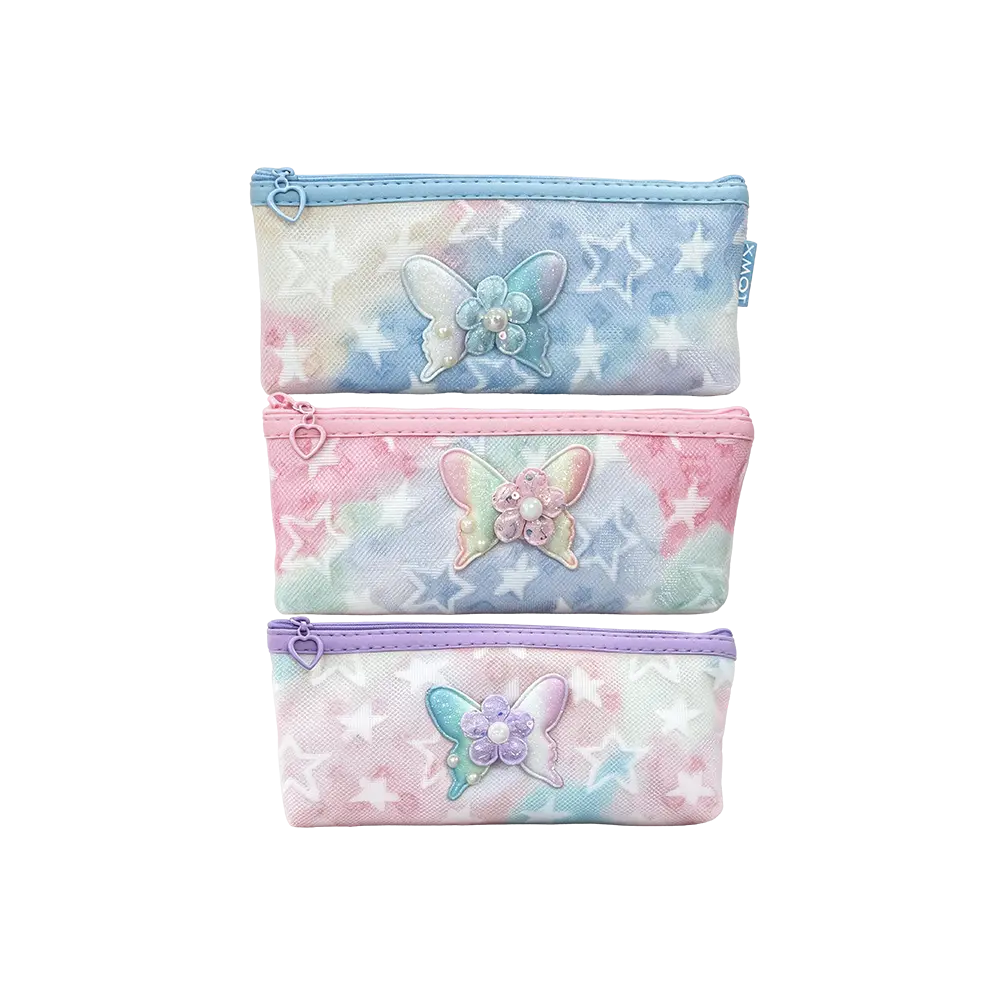 Pastel Butterfly Pencil Case with Star Print & Heart Zipper