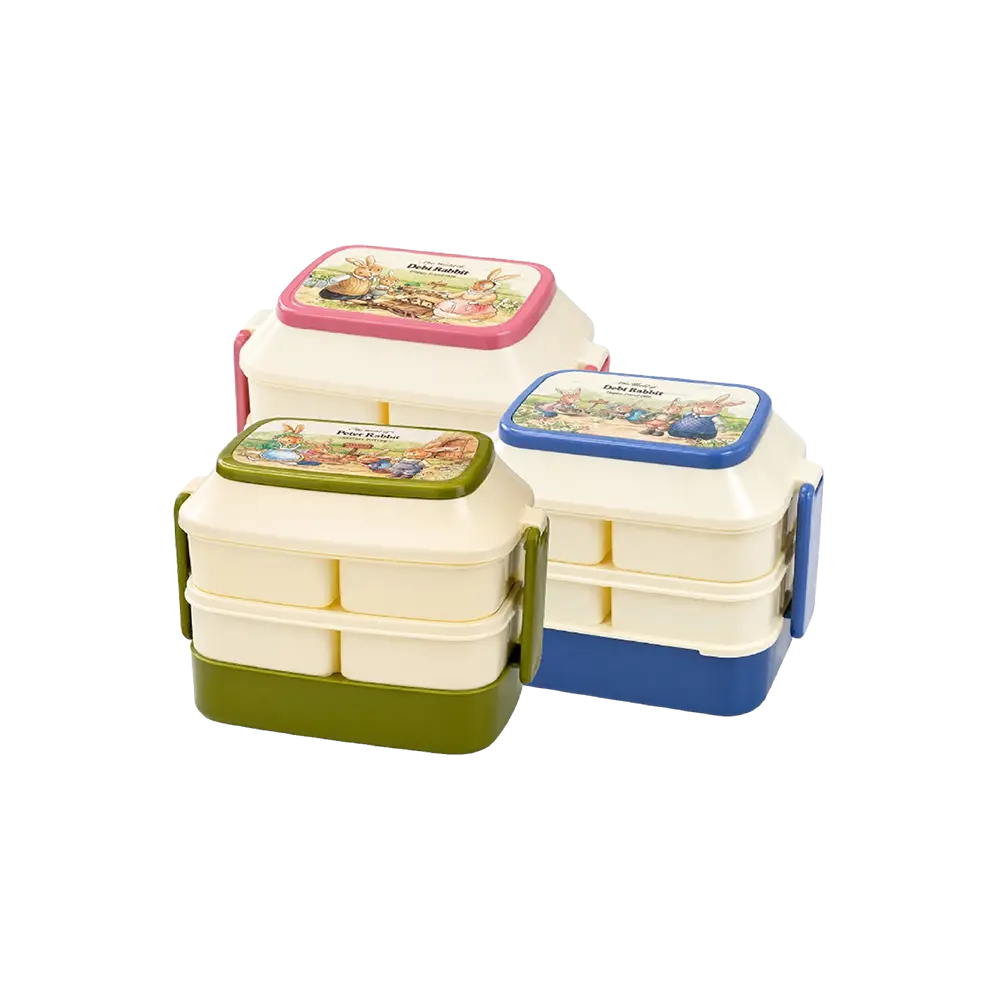 Peter-Rabbit-Double-Layer-Lunch-Box-with-4-Compartments-Stackable-Design-Pink-,-Blue-&-Green Peter Rabbit Double Layer Lunch Box with 4 Compartments Stackable Design Pink , Blue & Green