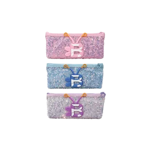 Sequin Pencil Case with Decorative Letter B & Heart Zipper
