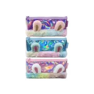 Single Zipper Holographic Pencil Case with Faux Fur Animal Detail