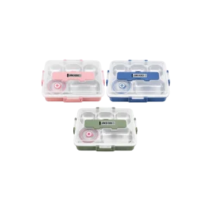 Stainless Steel Compartment Lunch Box with Transparent Locking Lid 5 Sections Green, Pink & Blue