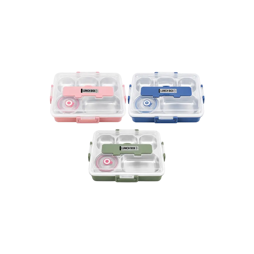 Stainless Steel Compartment Lunch Box with Transparent Locking Lid 5 Sections Green, Pink & Blue