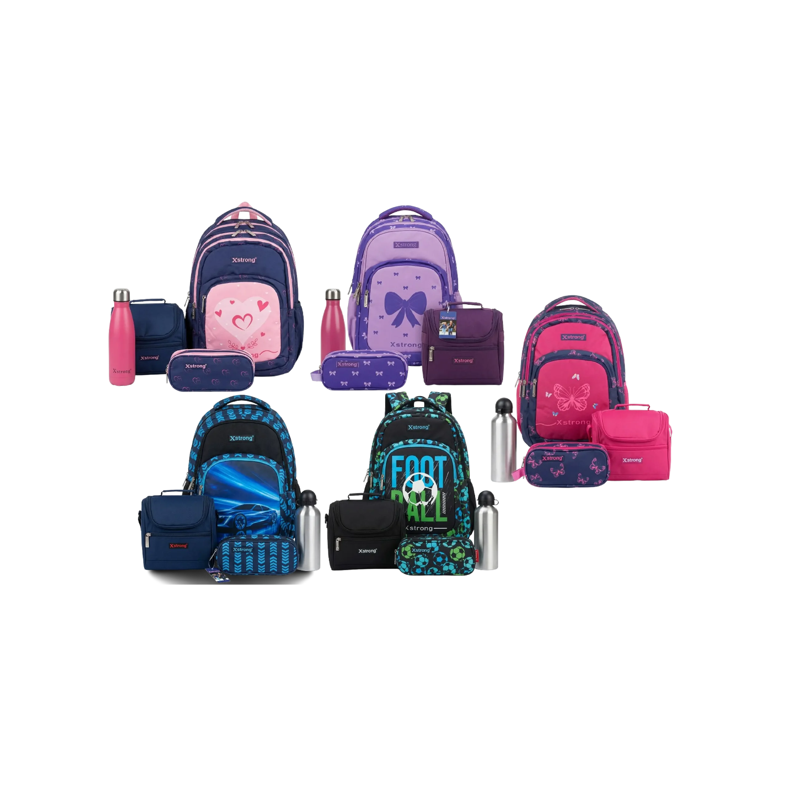 Xstrong 4Piece School Backpack Set with Multi Zipper Backpack Lunch Bag Pencil Case & Bottle Assorted Models & Colors